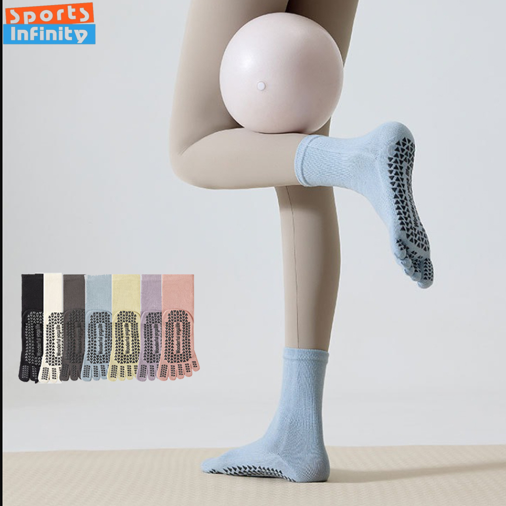 Youtube Yoga Pilates - ถุงเท้าโยคะแบบห้านิ้วแยกนิ้ว ป้องกันการลื่น ถุงเท้าผู้หญิงสำหรับมืออาชีพ ถุงเท้าพิลาทิสแบบกลางข้อ ถุงเท้าสำหรับเต้น ฟิตเนส