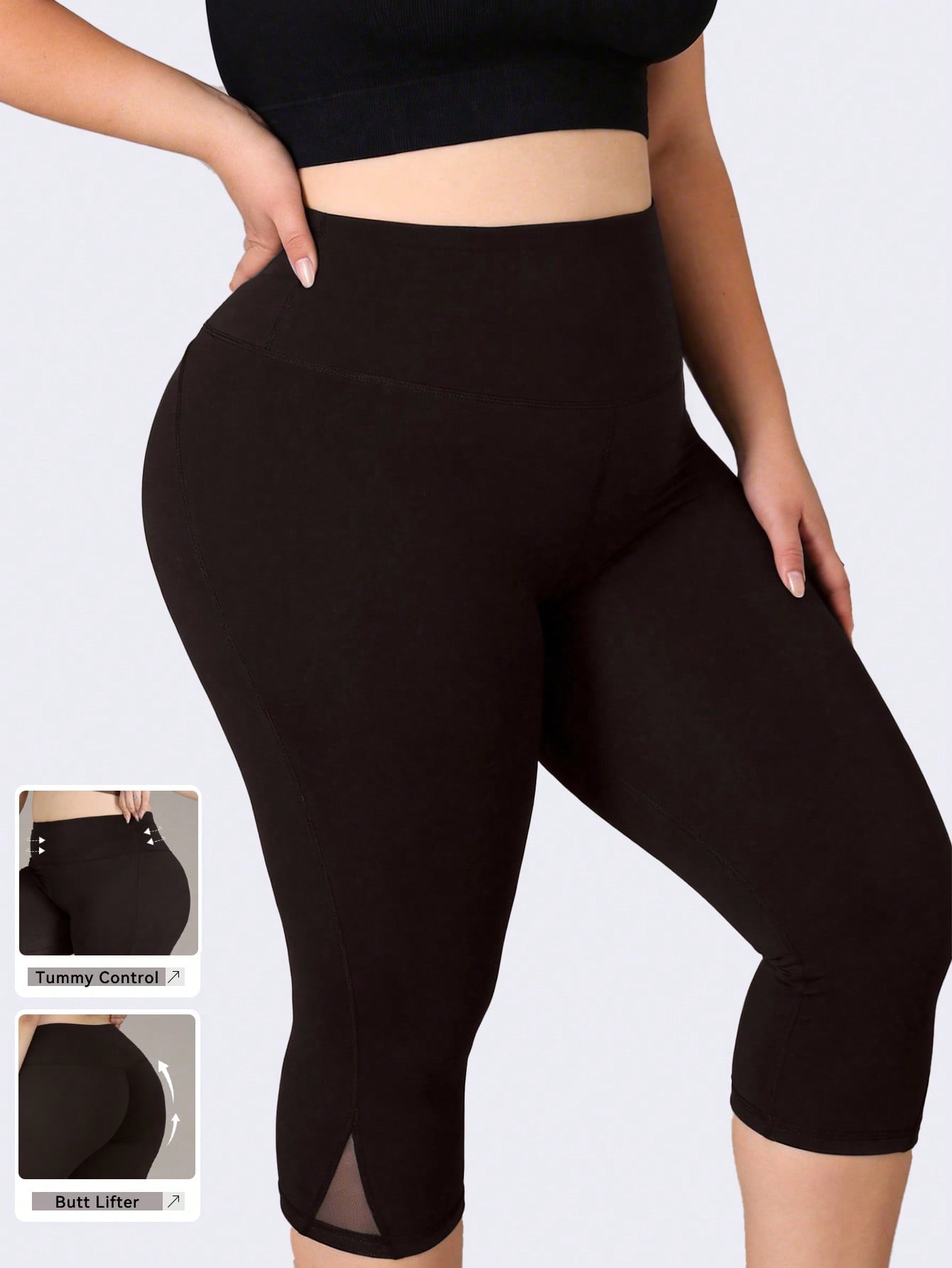 Pilates Yoga Outfit - เลกกิ้งออกกำลังกายไซส์ใหญ่สำหรับผู้หญิง กางเกงโยคะผ้าตาข่ายเอวสูง กางเกงออกกำลังกายขาสั้นแบบมีรอยผ่าด้านข้าง กางเกงวิ่งฟิตเนสแบบครอป